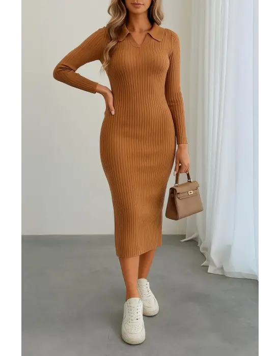Kadın Uzun Kollu Yakalı Triko Elbise