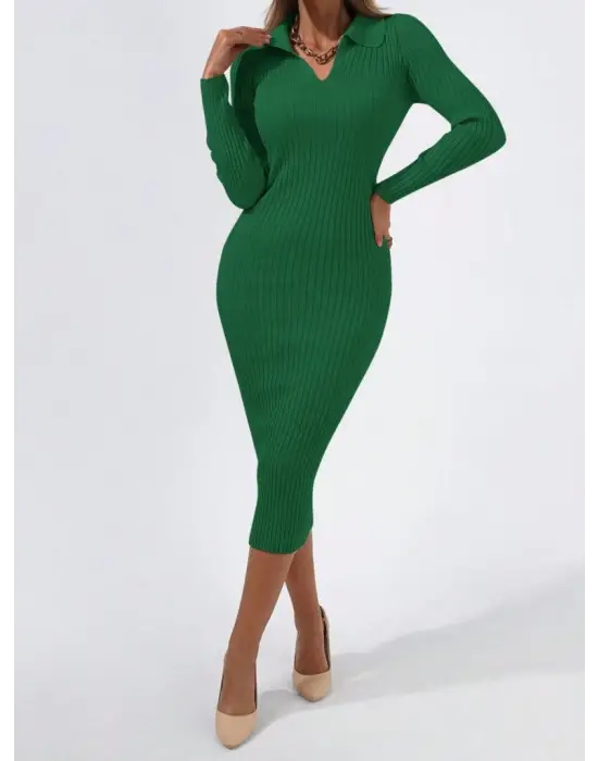 Kadın Uzun Kollu Yakalı Triko Elbise