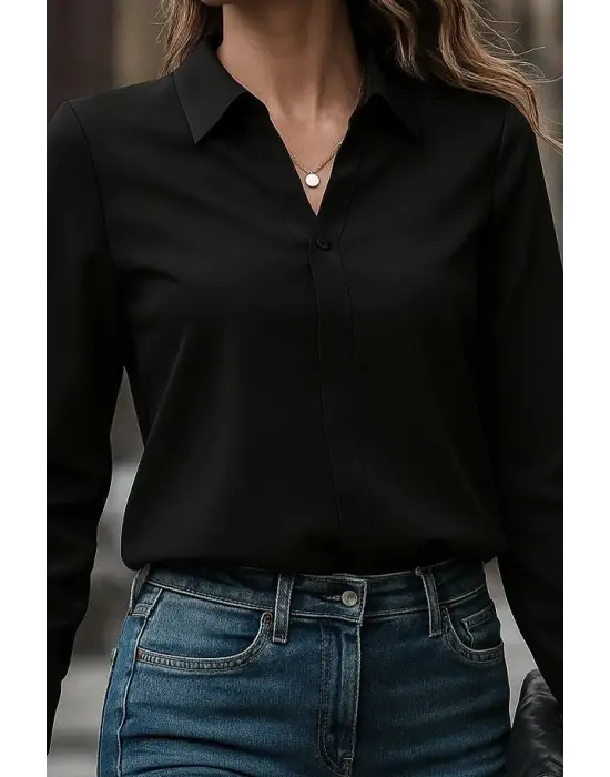 Kadın Uzun Kollu Yakalı Trikoton Gömlek