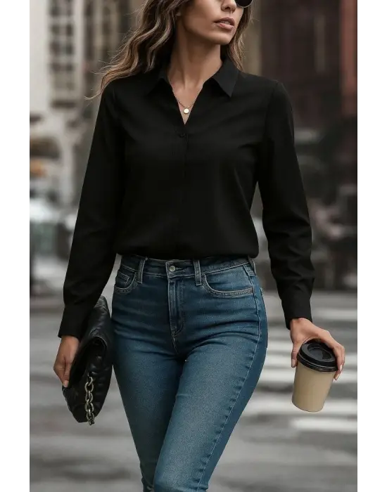 Kadın Uzun Kollu Yakalı Trikoton Gömlek