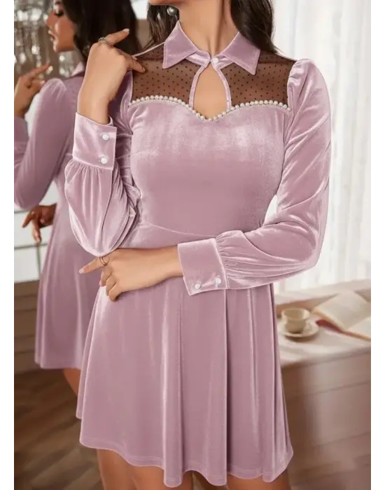 Kadın Uzun Kollu Yakalı Tül Detaylı Incili Mini Kadife Elbise