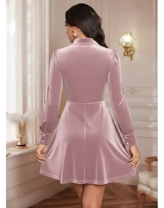 Zarif Tül Detaylı İncili Mini Kadife Elbise