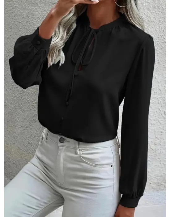 Kadın Yakalı Düğmeli Uzun Kollu Bluz