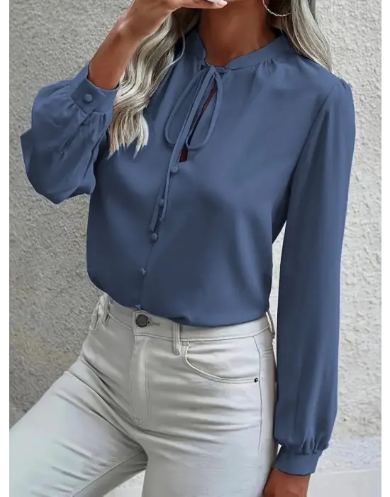 Kadın Uzun Kollu Yakalı Yakadan Bağcıklı Düğmeli Sandy Bluz