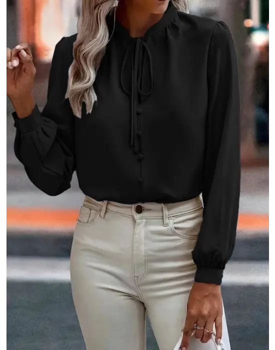 Kadın Yakalı Düğmeli Uzun Kollu Bluz