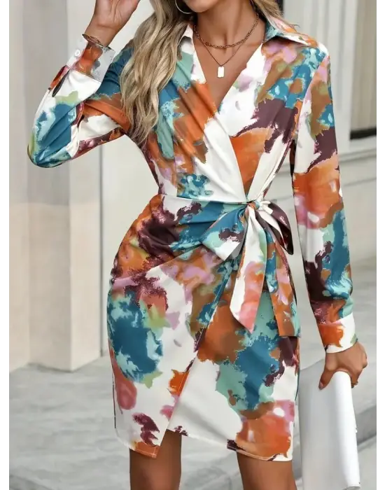 Kadın Uzun Kollu Yakalı Yandan Bağlamalı Mini Desenli Modal Elbise