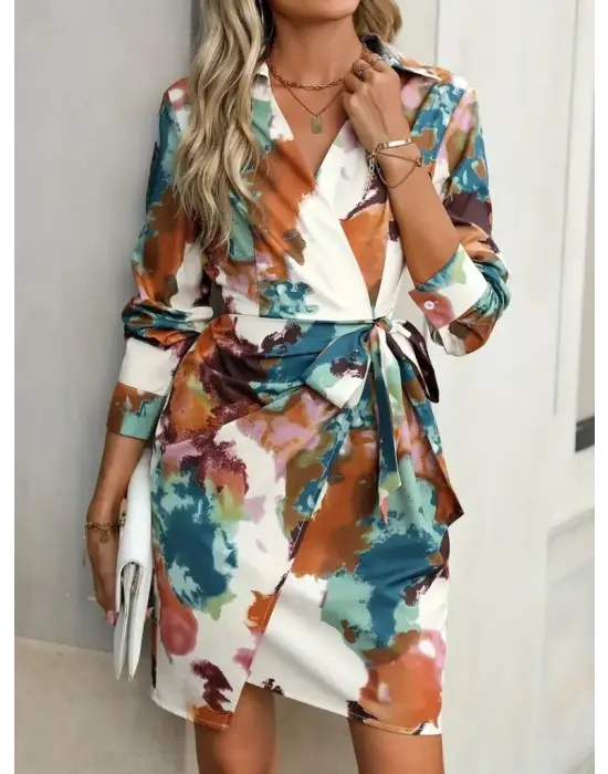 Kadın Uzun Kollu Yakalı Yandan Bağlamalı Mini Desenli Modal Elbise