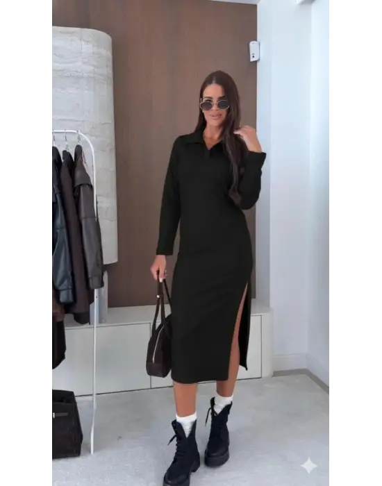 Kadın Uzun Kollu Yakalı Yandan Yırtmaçlı Midi Modal Elbise