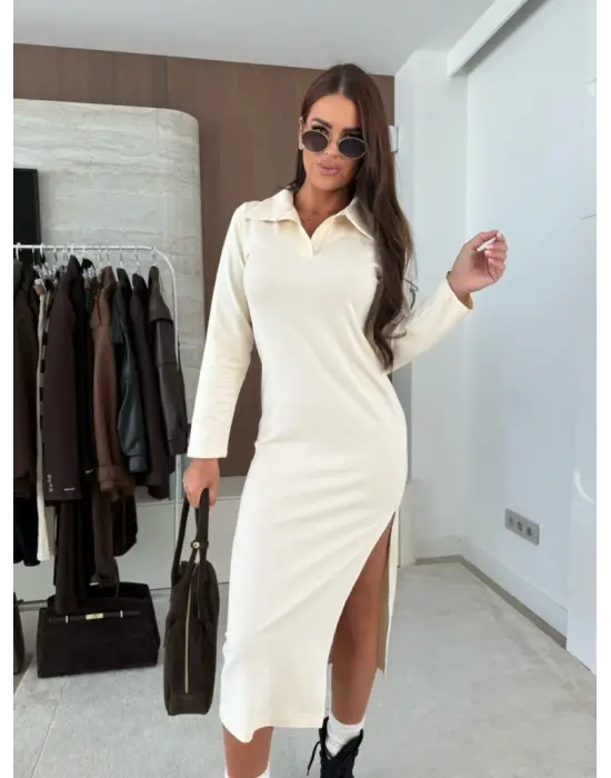 Kadın Uzun Kollu Yakalı Yandan Yırtmaçlı Midi Modal Elbise