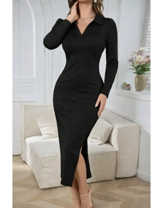 Kadın Uzun Kollu Yakalı Yandan Yırtmaçlı Midi Modal Elbise