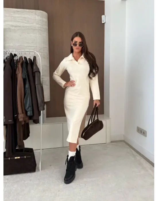 Kadın Uzun Kollu Yakalı Yandan Yırtmaçlı Midi Modal Elbise