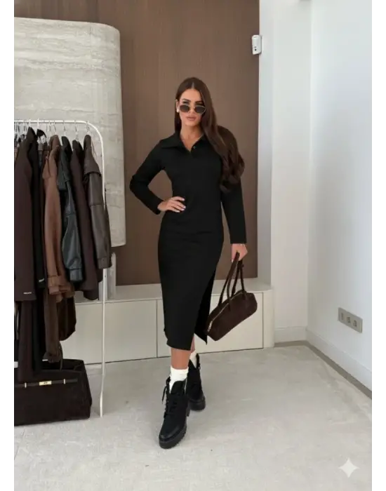 Kadın Uzun Kollu Yakalı Yandan Yırtmaçlı Midi Modal Elbise