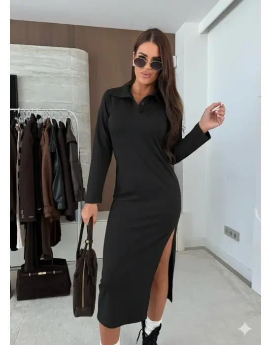 Kadın Uzun Kollu Yakalı Yandan Yırtmaçlı Midi Modal Elbise