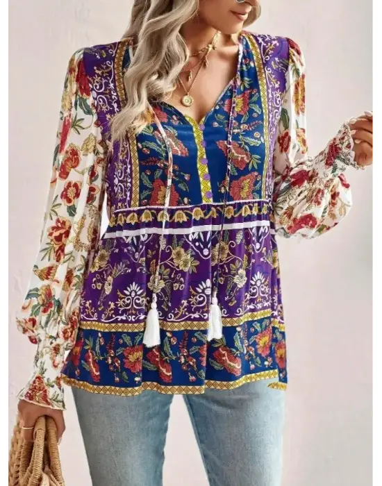 Kadın Uzun Kollu Yakası Açık Bağcıklı çiçek Desenli Salaş Bluz