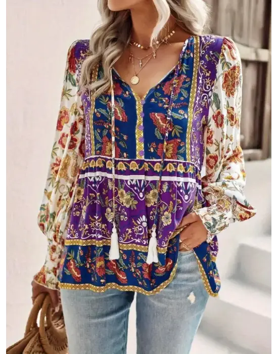 Kadın Uzun Kollu Yakası Açık Bağcıklı çiçek Desenli Salaş Bluz