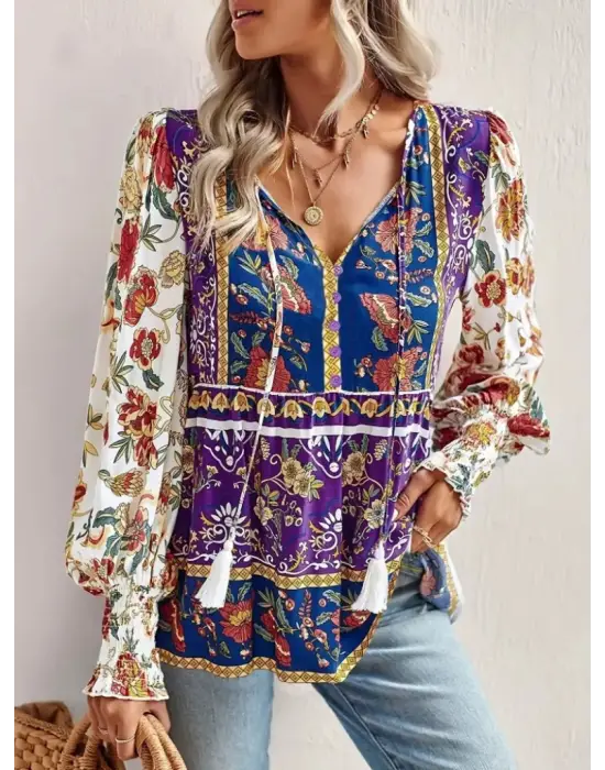 Kadın Uzun Kollu Yakası Açık Bağcıklı çiçek Desenli Salaş Bluz