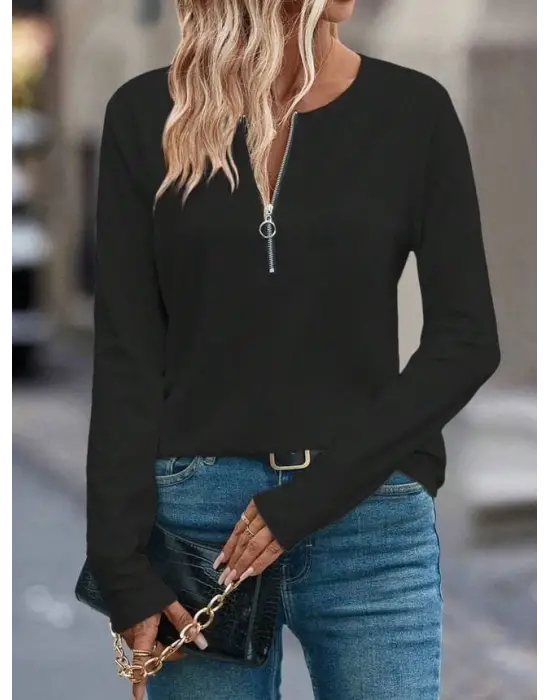 Kadın Uzun Kollu Yakası Açık Fermuarlı Viskon Bluz