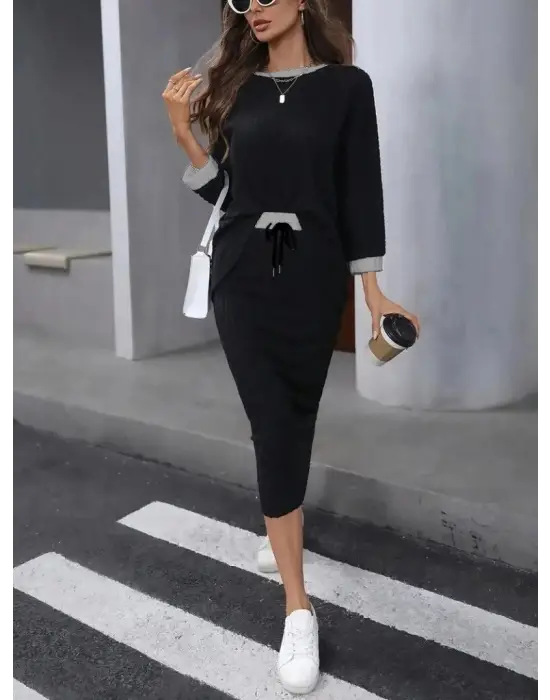 Kadın Uzun Kollu Yakası Açık şardonlu Kaşkorse Bluz Ve Eteği Bağcıklı Ikili Takım