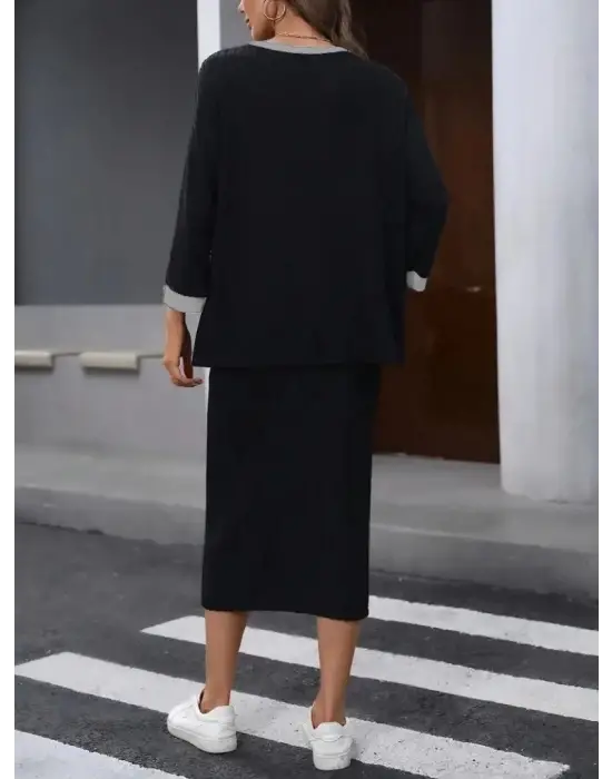 Kadın Uzun Kollu Yakası Açık şardonlu Kaşkorse Bluz Ve Eteği Bağcıklı Ikili Takım