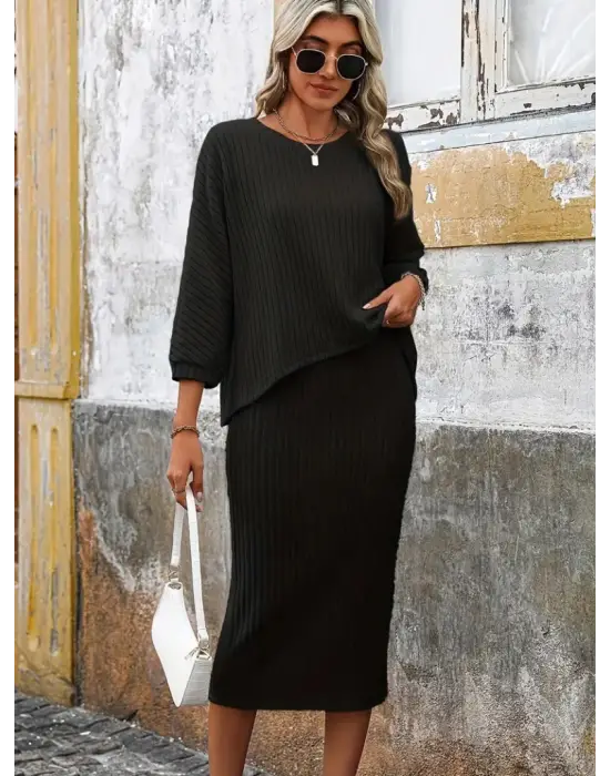 Kadın Uzun Kollu Yakası Açık Yarasa Kollu şardonlu Kaşkorse Bluz Ve Etek Takım