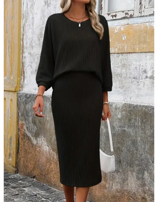 Kadın Uzun Kollu Yakası Açık Yarasa Kollu şardonlu Kaşkorse Bluz Ve Etek Takım