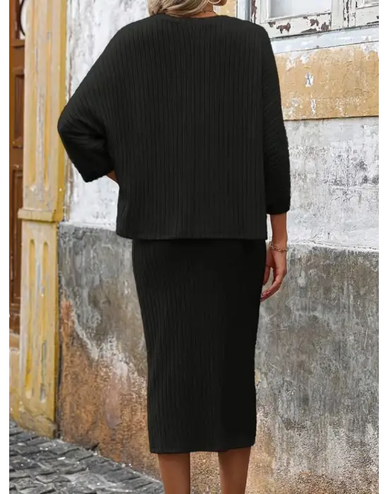 Kadın Uzun Kollu Yakası Açık Yarasa Kollu şardonlu Kaşkorse Bluz Ve Etek Takım