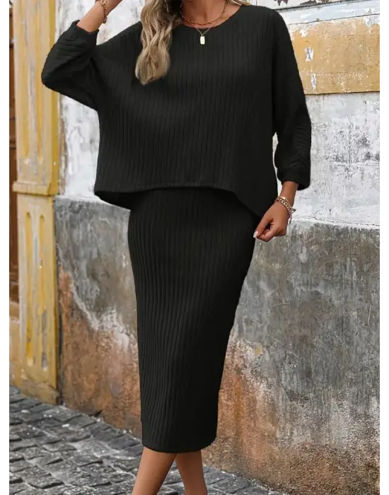 Kadın Uzun Kollu Yakası Açık Yarasa Kollu şardonlu Kaşkorse Bluz Ve Etek Takım