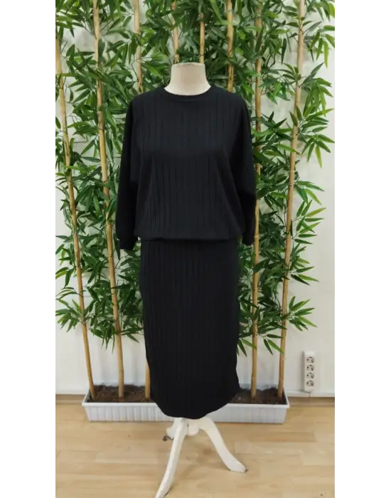 Kadın Uzun Kollu Yakası Açık Yarasa Kollu şardonlu Kaşkorse Bluz Ve Etek Takım