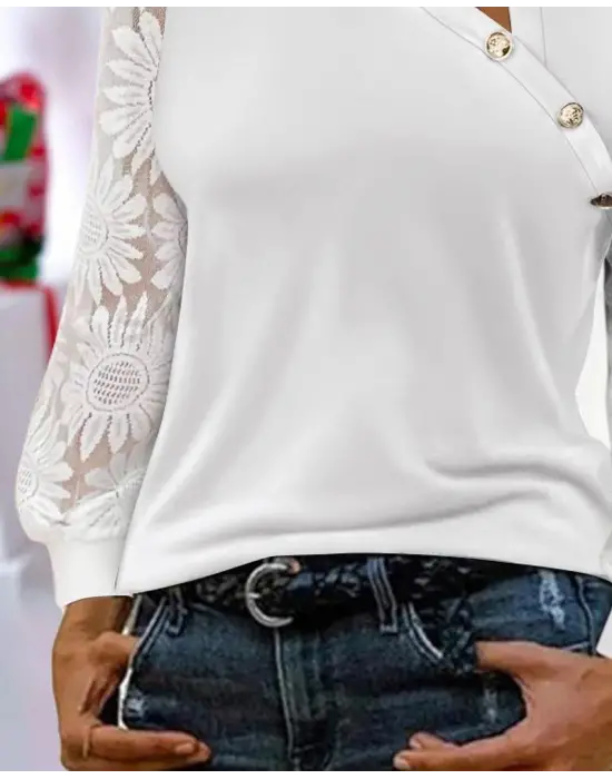 Kadın Uzun Kollu Yakası Asimetrik Detaylı Düğmeli Viskon Iki Iplik Bluz