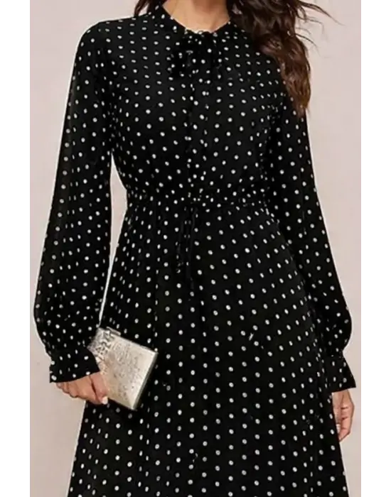 Kadın Uzun Kollu Yakası Bağcıklı Uzun Puantiyeli Krep Maxi Elbise