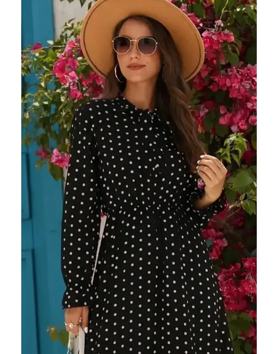 Kadın Uzun Kollu Yakası Bağcıklı Uzun Puantiyeli Krep Maxi Elbise