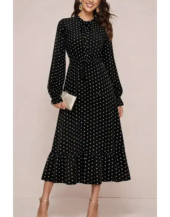 Kadın Uzun Kollu Yakası Bağcıklı Uzun Puantiyeli Krep Maxi Elbise