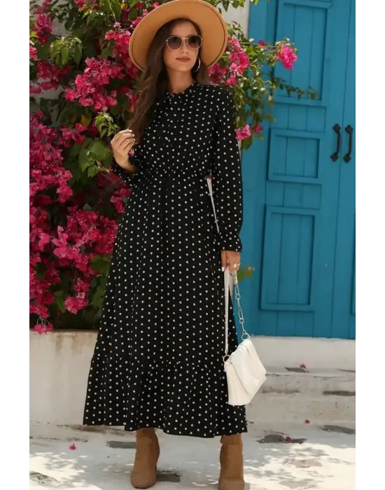 Kadın Uzun Kollu Yakası Bağcıklı Uzun Puantiyeli Krep Maxi Elbise