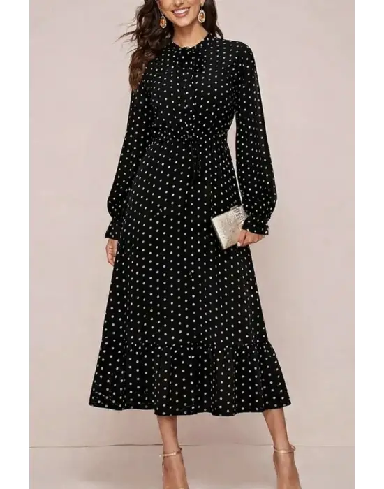 Kadın Uzun Kollu Yakası Bağcıklı Uzun Puantiyeli Krep Maxi Elbise