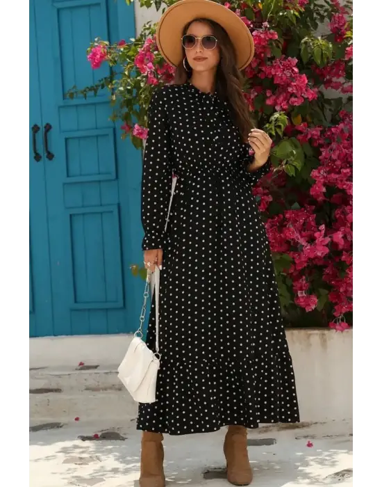 Kadın Uzun Kollu Yakası Bağcıklı Uzun Puantiyeli Krep Maxi Elbise