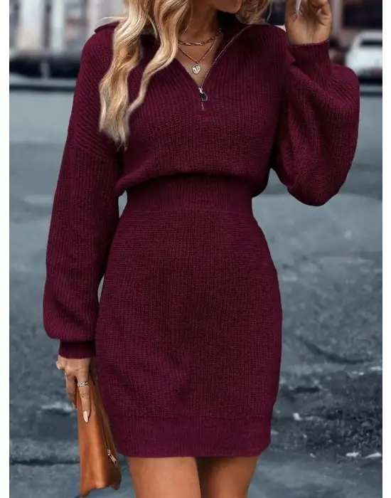 Kadın Uzun Kollu Yakası Fermuarlı Mini Triko Elbise
