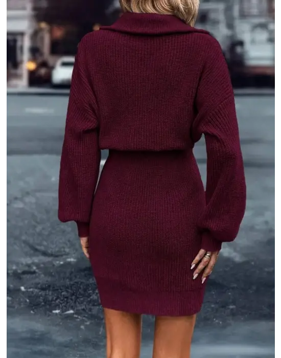 Kadın Uzun Kollu Yakası Fermuarlı Mini Triko Elbise