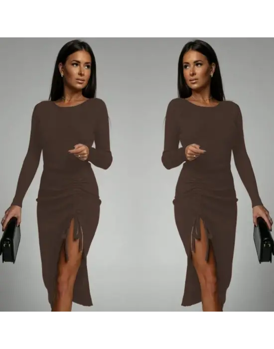 Kadın Uzun Kollu Yandan Büzgülü Yırtmaç Detay Kaşkorse Midi Boy Elbise