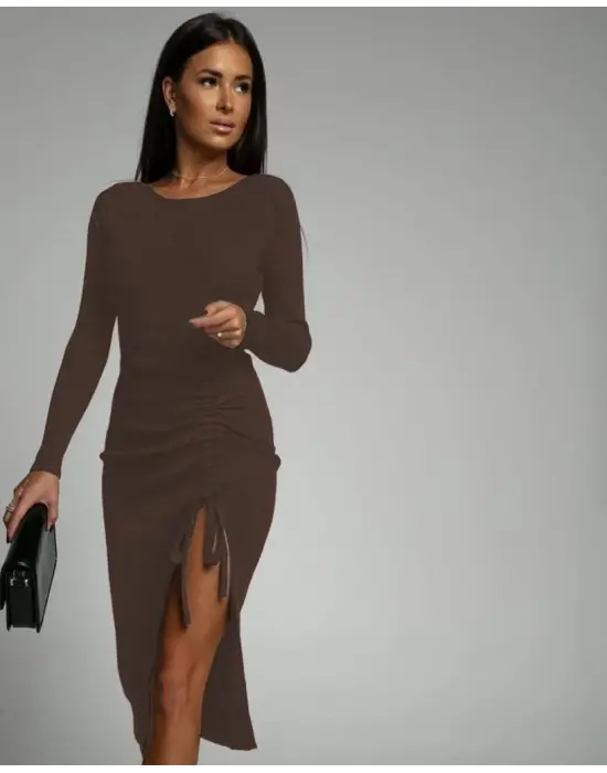 Kadın Uzun Kollu Yandan Büzgülü Yırtmaç Detay Kaşkorse Midi Boy Elbise