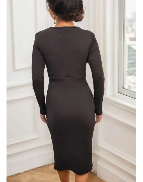 Kadın Uzun Kollu Yandan Büzgülü Yırtmaç Detay Kaşkorse Midi Boy Elbise
