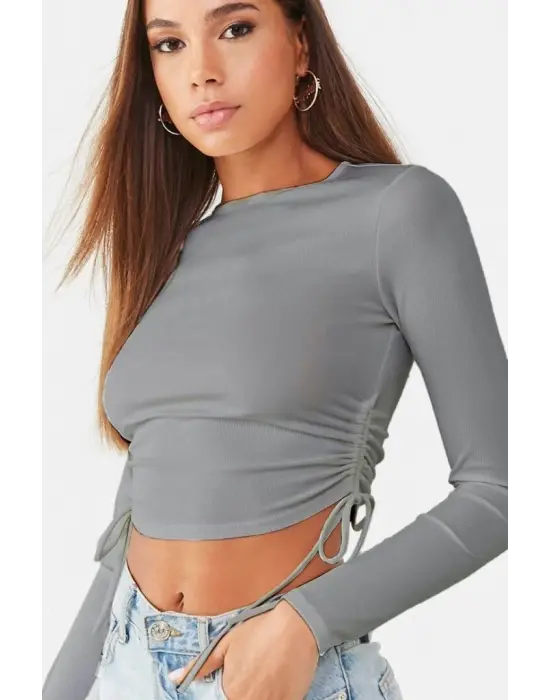 Kadın Uzun Kollu Yanlar Büzgü Detay Kaşkorse Crop