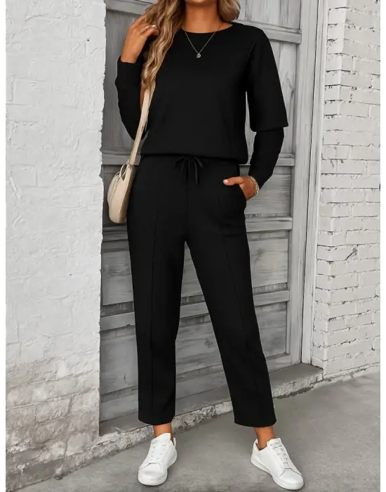 Kadın Uzun Kollu Yanları Nervurlu Viskon Iki Iplik Ve Pantolon Ikili Takım