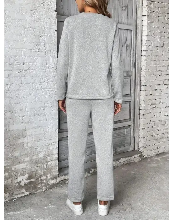 Kadın Uzun Kollu Yanları Nervurlu Viskon Iki Iplik Ve Pantolon Ikili Takım