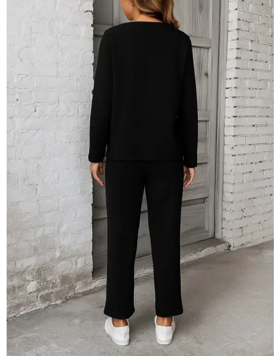 Kadın Uzun Kollu Yanları Nervurlu Viskon Iki Iplik Ve Pantolon Ikili Takım