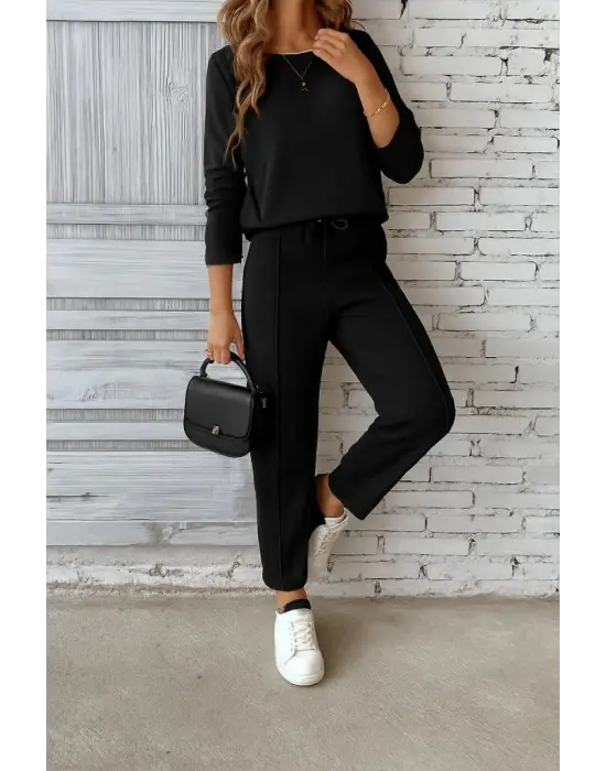 Kadın Uzun Kollu Yanları Nervurlu Viskon Iki Iplik Ve Pantolon Ikili Takım