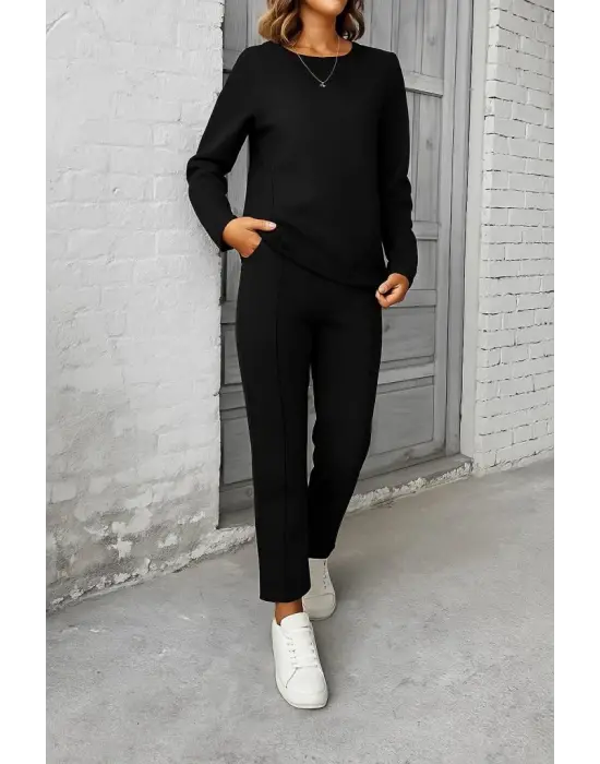 Kadın Uzun Kollu Yanları Nervurlu Viskon Iki Iplik Ve Pantolon Ikili Takım