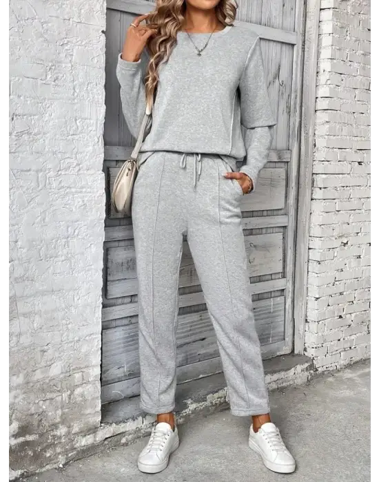 Kadın Uzun Kollu Yanları Nervurlu Viskon Iki Iplik Ve Pantolon Ikili Takım