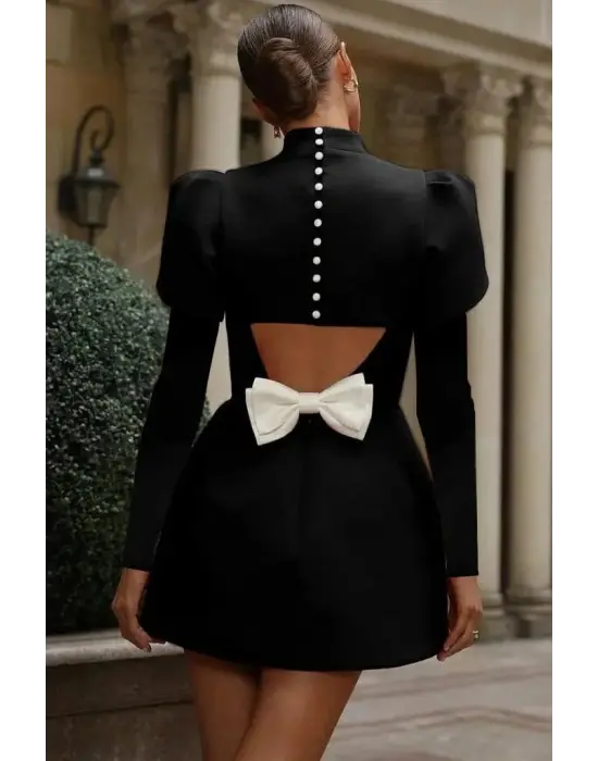 Kadın Uzun Kollu Yarı Balıkçı Yaka Arkadan Kurdela Detaylı Mini Atlas Elbise