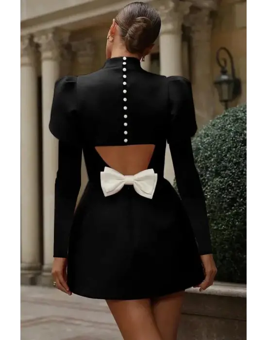 Kadın Uzun Kollu Yarı Balıkçı Yaka Arkadan Kurdela Detaylı Mini Atlas Elbise