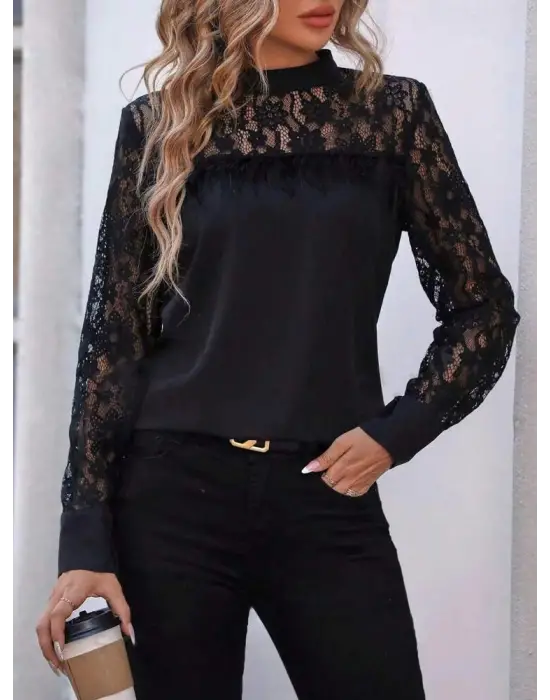 Kadın Uzun Kollu Yarı Balıkçı Yaka Dantelli Sandy Bluz